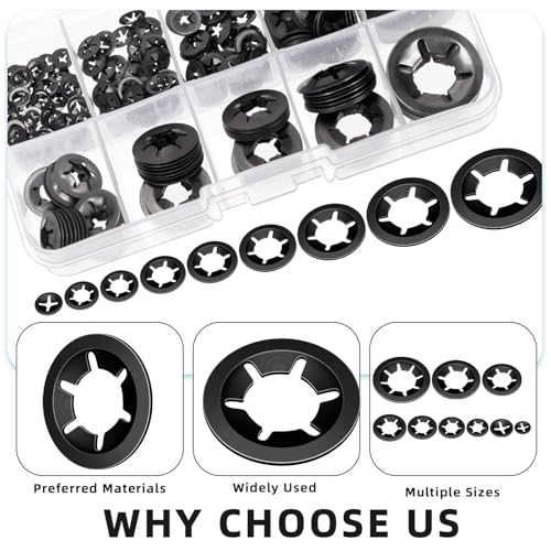 Glarks 351pcs 65Mn-Steel Internal Tooth Star Lock Washers Assortment Kit M2 M2.5 M3 M4 M5 M6 M8 M10 M12Quick Speed Locking Washers Push on Locking Washers