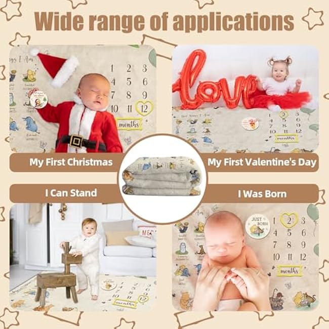 Winnie Baby Milestone Blanket, God Says I am Bold Milestone Blanket, Winnie Newborn Month Blankets for Baby, with Double-Sided Printed Cardstock£¨16 Unforgettable Moments of Babies£©