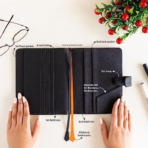 Image of NEORAH - B6 Notebook SLEEVE with SNAP Button - [ SLEEVE ONLY ]|Vegan Leather|Office Diary Holder with Penloop| 2 Front & 1 Back Pocket | 6 Card Slots |2 BookMarks - Fits any B6 Softcover - BLACK