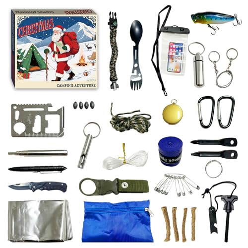 Abenteuerkalender Outdoor Camping Tools-24-TageYouth Survival Tools-Outdoor-Ausrüstung und Gadgets Geburtstagsgeschenke Weihnachtsgeschenke Geschenk für Papa Ehemann Freund