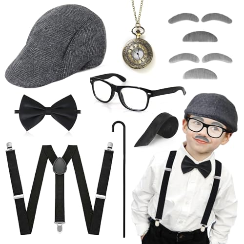 Oerphh Men's Gatsby Costume for Children & Adults - 1920s Accessories with Hat, Bow Tie, Pocket Watch, Glasses, Beard & Crutch - Cosplay Fancy Dress for Vintage Enthusiasts & Halloween