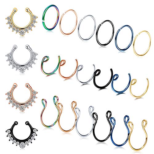 Jstyle 22Pcs Fake Nose Rings Hoop Stainless Steel Faux Fake Septum Lip Cartilage Hinged Cliker No-Piercing Nose Ear Rings