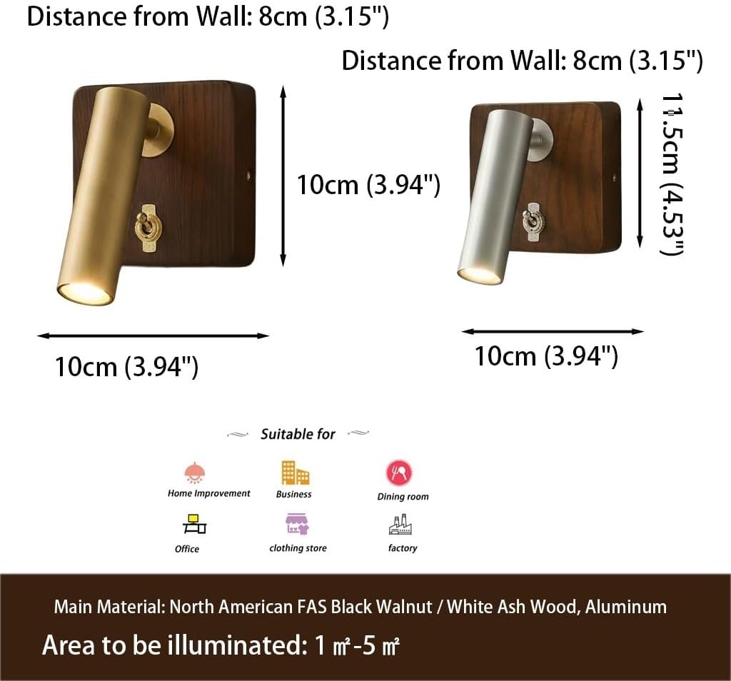Reading Wall Lamp, Walnut LED Wall Sconce, Rotatable Spotlight with Toggle for Bedroom, Bedside, Living Room, Study, Entryway, Nordic Fixture, Loft Home, Study Corner Parlor(Silver)