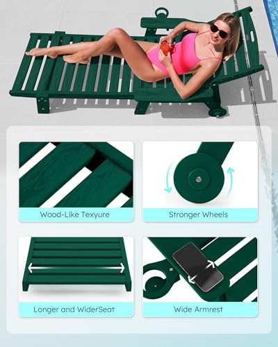 Image of Patio Chaise Lounge Chair Set of 4, Oversize Lounge Chairs with Wood Texture& Rolling Wheels, HDPE 5-Position Plastic Lounge Chairs for Poolside, Patio, Deck, Beach,Green