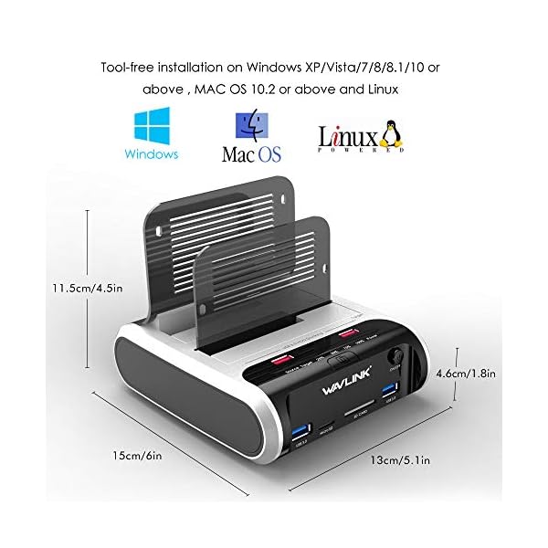 Festplatten Dockingstation, WAVLINK USB Festplatten Docking Station Offline Klonfunktion für 2,5 Zoll & 3,5 Zoll SATA HDD SSD, Unterstützt TF & SD Karte und USB-Aufladung – Bild 7