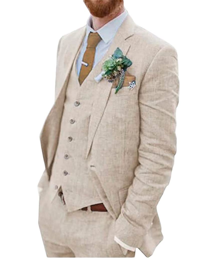Botong Men's Beige 3 Pc Linen Wedding Suits Two Buttons Groom Tuxedos Single Breasted Beach Wedding Suit Business Suit 50 Chest / 44 Waist