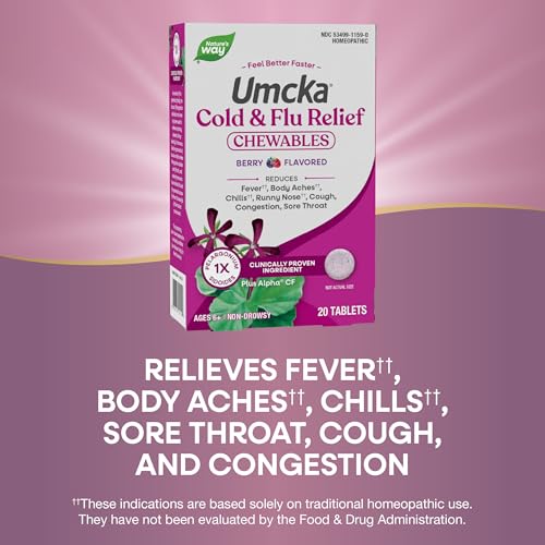 Nature's Way Cold+Flu Relief, Umcka, Shortens Duration and Reduces Severity, Multi-Symptom Relief, Homeopathic, Phenylephrine Free, Non-Drowsy, Berry Flavored, 20 Chewable Tablets (Packaging May Vary)