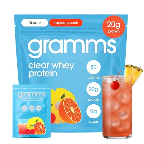 GRAMMS Clear Protein Powder Packets 20G Protein for Women & Men & Lactose Free Grass-Fed Whey Isolate Gluten Free Zero Sugar Gut Friendly Non-Bloating (Tropical Punch-10 Servings)