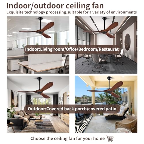 Rustic Walnut 52 Inch Ceiling Fan with Remote, Modern Outdoor Wood 3 Blade High CFM Ceiling Fans for Patios/ Porch/ Gazebo - Farmhouse Propeller Ceiling Fan for Living Room/ Bedroom/ Kitchen/ Indoor