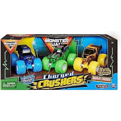 Monster Jam, Charged Crushers 3-Pack (Grave Digger, Son-Uva Digger and Earth Shaker), 1:64 Scale Cover