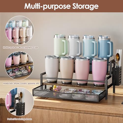 Image of Water Bottle Organizer for Full 40 oz Stanley /Tumbler, Brown | 2 Tier Stanley Cup Organizer, 8 Bottles Capacity, Rustic Countertop Display Shelf, For Coffee Bar, Cabinet, Countertop