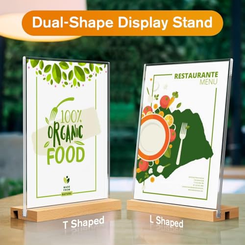 Image of DesiRang Acrylic Sign Holder with Wooden Base (8x11 in (A4), Straight /Slant placing, 2 side, Pack of 3) Clear Display Table Sign Picture Frame Flyer Menu Stand Office Wedding Restaurant Hotel Home