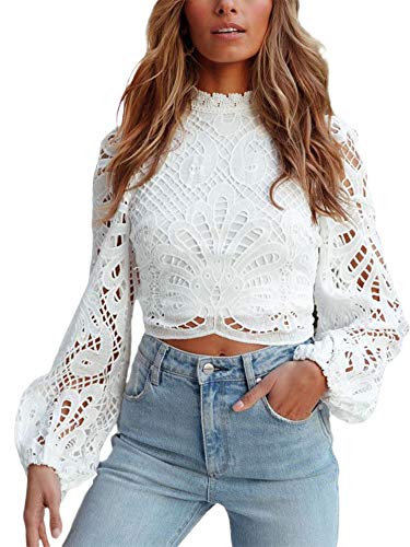 Zukmuk Tops Damen Elegant Langarm Crop Top Spitze Spitzentop Spitzen Long...
