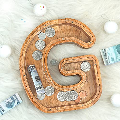 Image of Piggy Bank for Kids Boys Girls, Large Personalized Wooden Letter Piggy Bank with Cut-Out Design, Alphabet Letter Coin Banks, Money Savings Box, Wooden Bank for Kids Creative Gift for Real-Money(G)