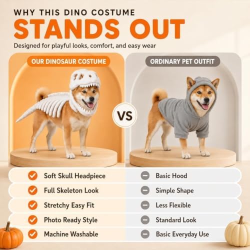 Dog Dinosaur Skeleton Costume, Funny Halloween Pet Costume for Dogs, T-Rex 3D Glow in The Dark Dino Outfit for Small Medium Large Dogs & Cats, Cute Animal Cosplay Clothes ,Grayish White:M:13.8 in - 5