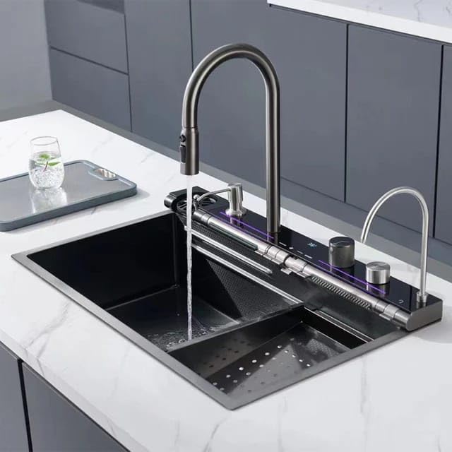 Image of X-XONIER 304 Single Bowl Kitchen Sink SS 304 Glass top Tempurature Display Multipurpose Multifunction 3 Mode Tap with Pulldown Feature Soap Dispenser Gla With 2 Tray