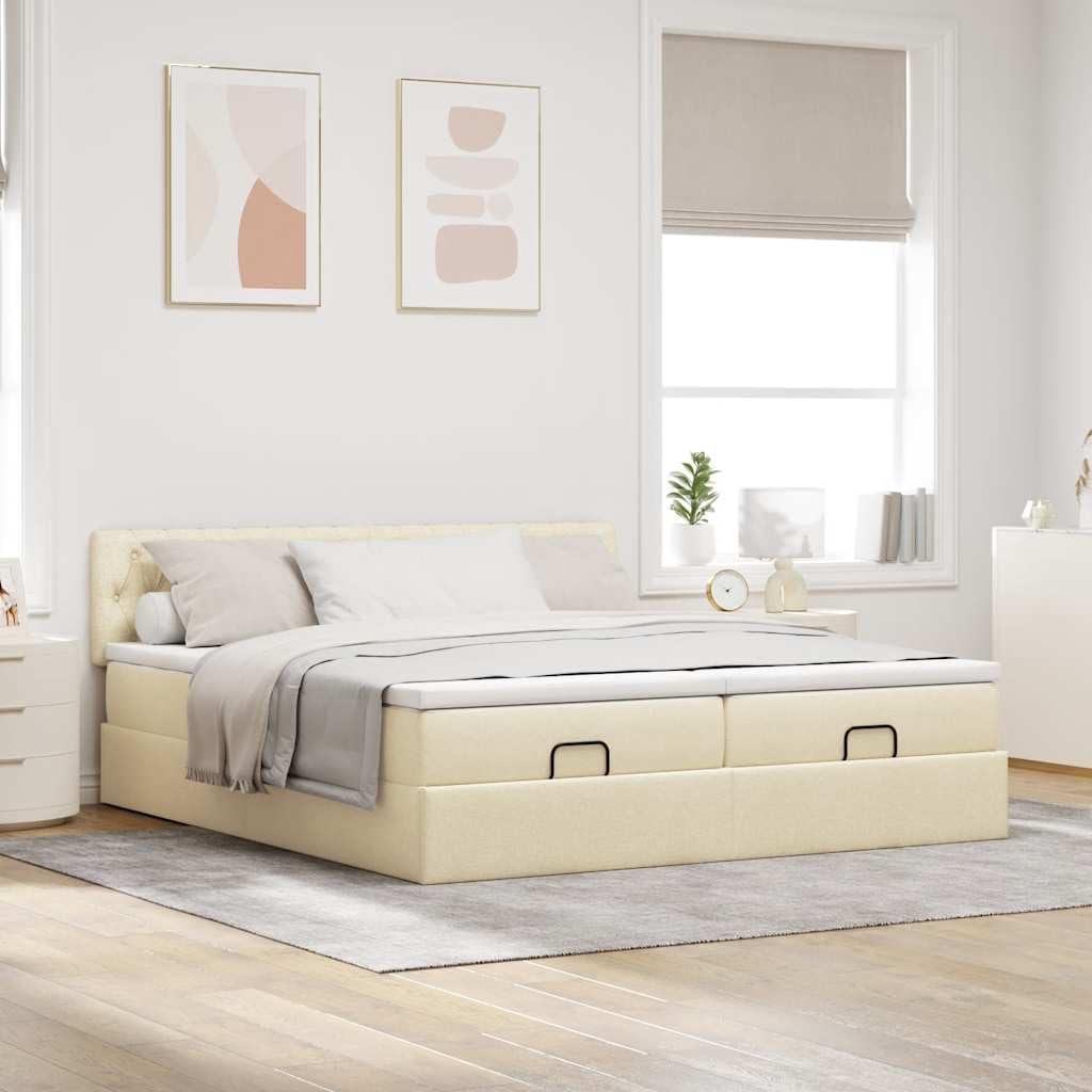 Ottoman Letto con Materassi, Panna, 200 x 200 cm, Rivestimento in tessuto, Materasso a molle insacchettate, Spazio Idraulico, Comodo coprimaterasso, Telaio Matrimoniale con Testiera