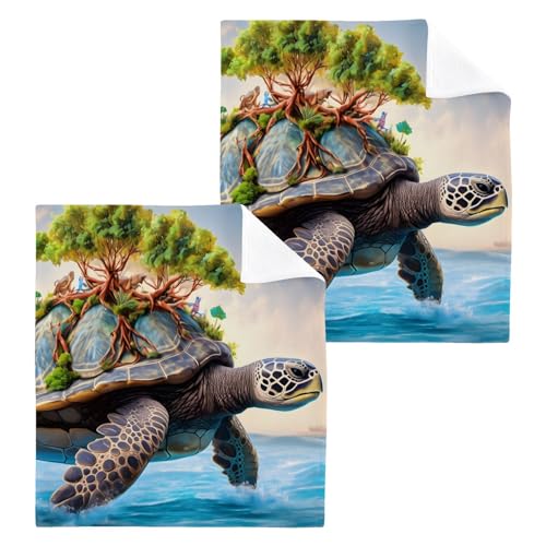 YMGQYJ Forest on Turtle Towels Cotton Washcloths Set, Soft Absorbent Quick Dry Wash Clothes, Multi-Purpose Fingertip Towels for Bathroom Hotel Travel 12×12 in 2 Pack