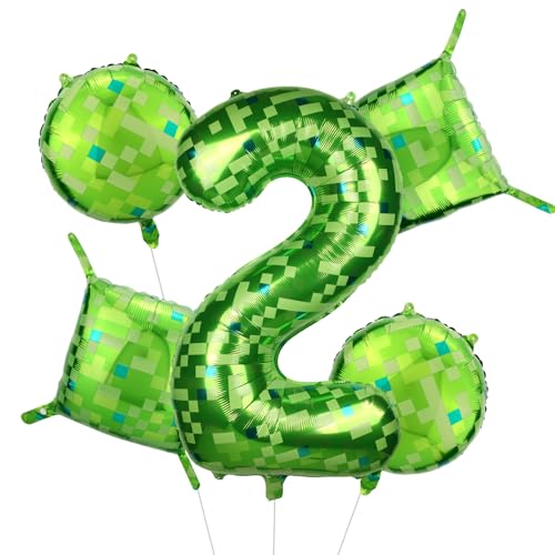 SAVITA Globos Pixel con Temática de Gamer Verdes, Globos de Aluminio Numero Cuadros y Redondos Ideales para Infantiles Fiestas Cumpleaños Artículos (Número 2)