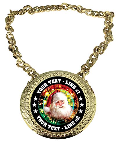 Express Medals Custom Santa Claus Christmas Champ Chain Trophy with 2 Lines of Personalized Text on a Large Rigid Plastic Award Medal and 34 Inch Long Gold Color Neck Chain. MY481