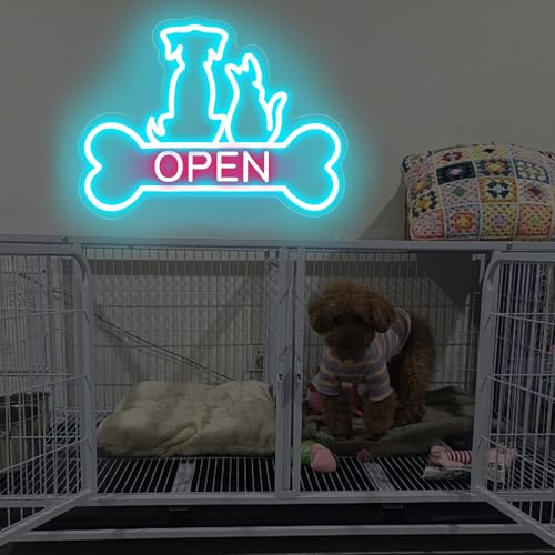 Image of Pet Shop Open Neon Sign Cute Dog And Cat Open LED Light | Bright Pet Grooming Salon Light Animal Shelter Storefront Decor Vet Clinic Window Decor, Ice Blue+Light Pink, 16.5 inchx12.4 inch