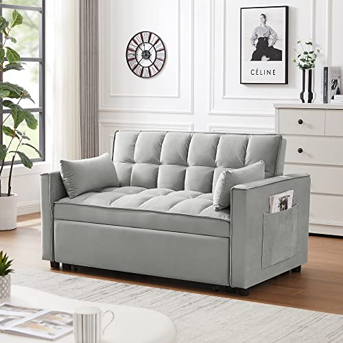Evershio 3 In 1 Pull Out Sleeper Sofa Bed, 55" Tufted Velvet Convertible Loveseat Futon Sofa With Pullout Bed, Adjustable Backrest W/Lumbar Pillows Side Pockets For Living Room Bedroom Apartment,Grey #TOP5