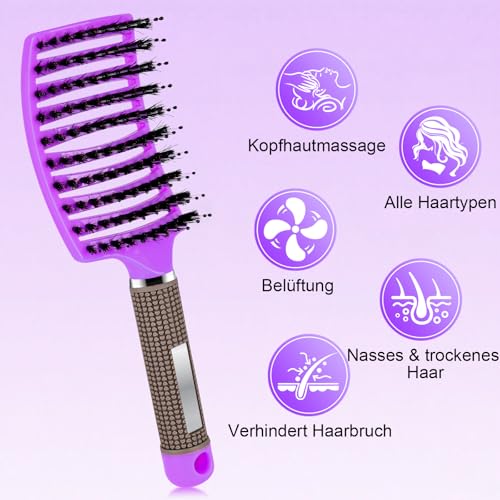 Haarbürste ohne Ziepen, Extensions Bürste mit Aufhängeloch Damen, Haarbürste Wildschweinborsten für trockenes/nasses/lockiges/glattes Haare, Lila