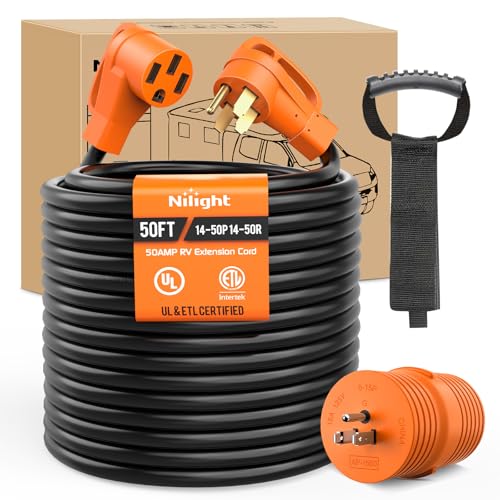 Image of Nilight 50FT 50 Amp RV Extension Cord with Adapter 15Amp to 50Amp 250V Heavy Duty 6 /3+8 /1 Gauge Pure Copper STW Wire UL ETL Listed 4 Prong 14-50P 14-50R Weatherproof Suit for Generators Camper