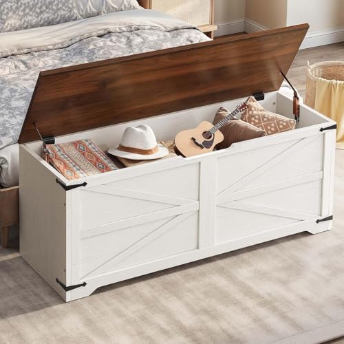 DWVO 47.2" Farmhouse Storage Bench, Wooden Chest with Safety Hinges, Entryway Shoe Organizer, Multi-Use Storage for Living Room/Bedroom