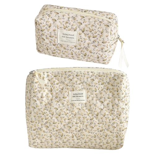 HTTDSLF 2 Piezas Bolsa de Maquillaje para Cumpleaños, Neceser de Maquillaje de Pana, Multifuncional Bolsa Aseo Mujer, Simple Bolsa Cosmética para Salidas, Viajes, Vacaciones (Amarillo)