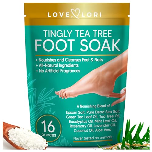LOVE, LORI Tea Tree Oil Epsom Salt Foot Soak for Dry Cracked Feet (16oz) – Foot Soaking Salts for Foot Soaking Tub – Pedicure & Foot Spa Soak w/ Natural Essential Oils