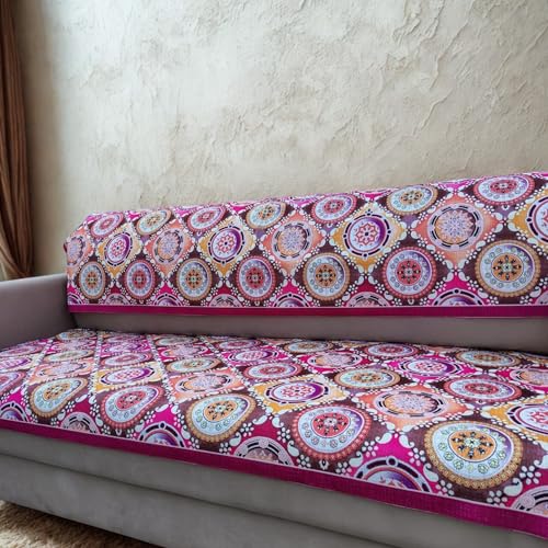 Image of Homerz Premium 5 (3+1+1) Seater Velvet Sofa Panel Cover with Digital Prints | Anti-Slip Backing (Pink Rangoli, 5 (3+1+1) Seater with Back)