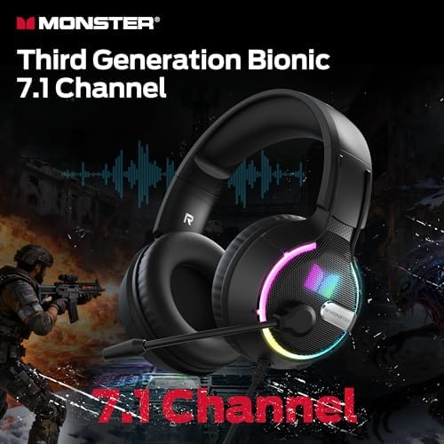 Monster Mission 320 Gaming Headset for PS5, PS4PC, Xbox One, Xbox Series X/S, Switch,Noise Cancelling Over Ear Headphones with Mic, LED Light, 7.1 Surround Sound