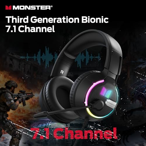Monster Mission 320 Gaming Headset for PS5, PS4PC, Xbox One, Xbox Series X/S, Switch,Noise Cancelling Over Ear Headphones with Mic, LED Light, 7.1 Surround Sound