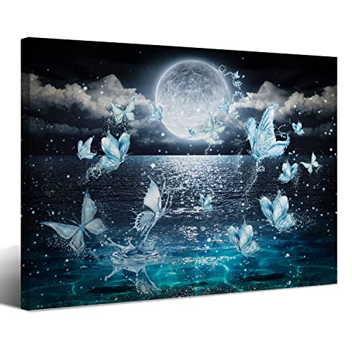 Blue Moon Butterfly Wall Art Ocean Landscape Picture Canvas Print Poster Modern Wall Art Decoration Contemporary Artwork Prints Paintings For Living Room Bathroom Bedroom Home Decorative For Christmas Festival Birthday Gifts 16X24Inch, No Frame #TOP2