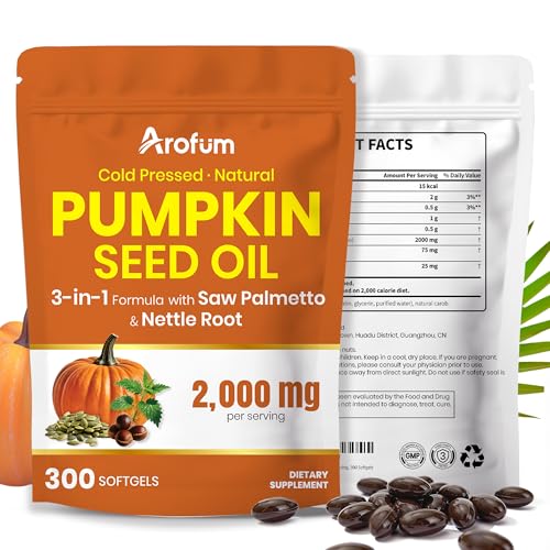 Pumpkin Seed Oil Capsules with Saw Palmetto and Nettle Root, 2000mg Per Serving, 300 Softgels, Vegan, Rich in Essential Fatty Acids (Omega-6 & Omega-9) 300 Count (Pack of 1)