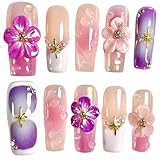 Handmade Press On Nails Medium/Long Square Pink 3D Sakura Design - Reusable French Acrylic Fake Nails with Gold Stars & Pearls, Luxury Cherry Blossom False Nails (Sakura, M)