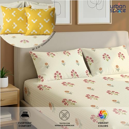 Image of Urban Space Festive Gifting Set - 100% Cotton Double Bedsheet with 2 Pillow Covers and 2 Cushion Covers, Bedsheet Set in Gift Box, 90 x 100 Inch, Magnolia Yellow| Diwali, Festive & Housewarming Gift