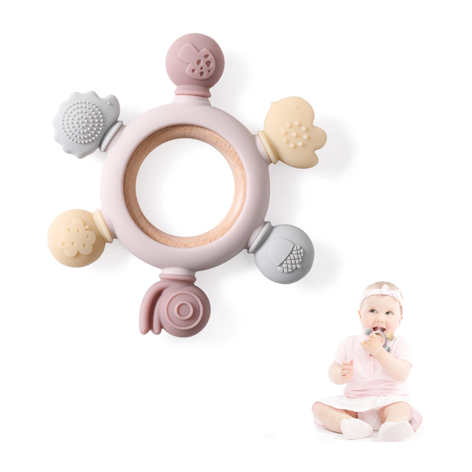 Bopoobo Baby Teething Toys Silicone Teether Toys for Babies 3-6 Months Babies Silicone Rudder with Wooden Ring Soothe Babies Gums Teething Toy Montessori Baby Chew Toys for 6-12 Months