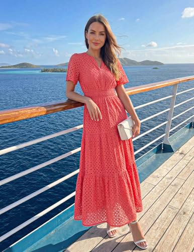 Image of ZESICA Women's 2026 Summer Short Sleeve Maxi Dress Casual V Neck Hollow Out Eyelet Ruffle Swing A Line Long Dresses