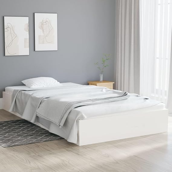 Modern White Solid Wood Bed Frame 90x200 cm with Slatted Base, Single Bed Frame without Mattress for Bedroom