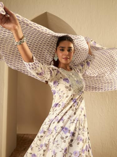 Image of INDO ERA Women's Off White Pure Cotton Embroidered A-Line Kurta & Pant with Dupatta Set (IESTR5362)