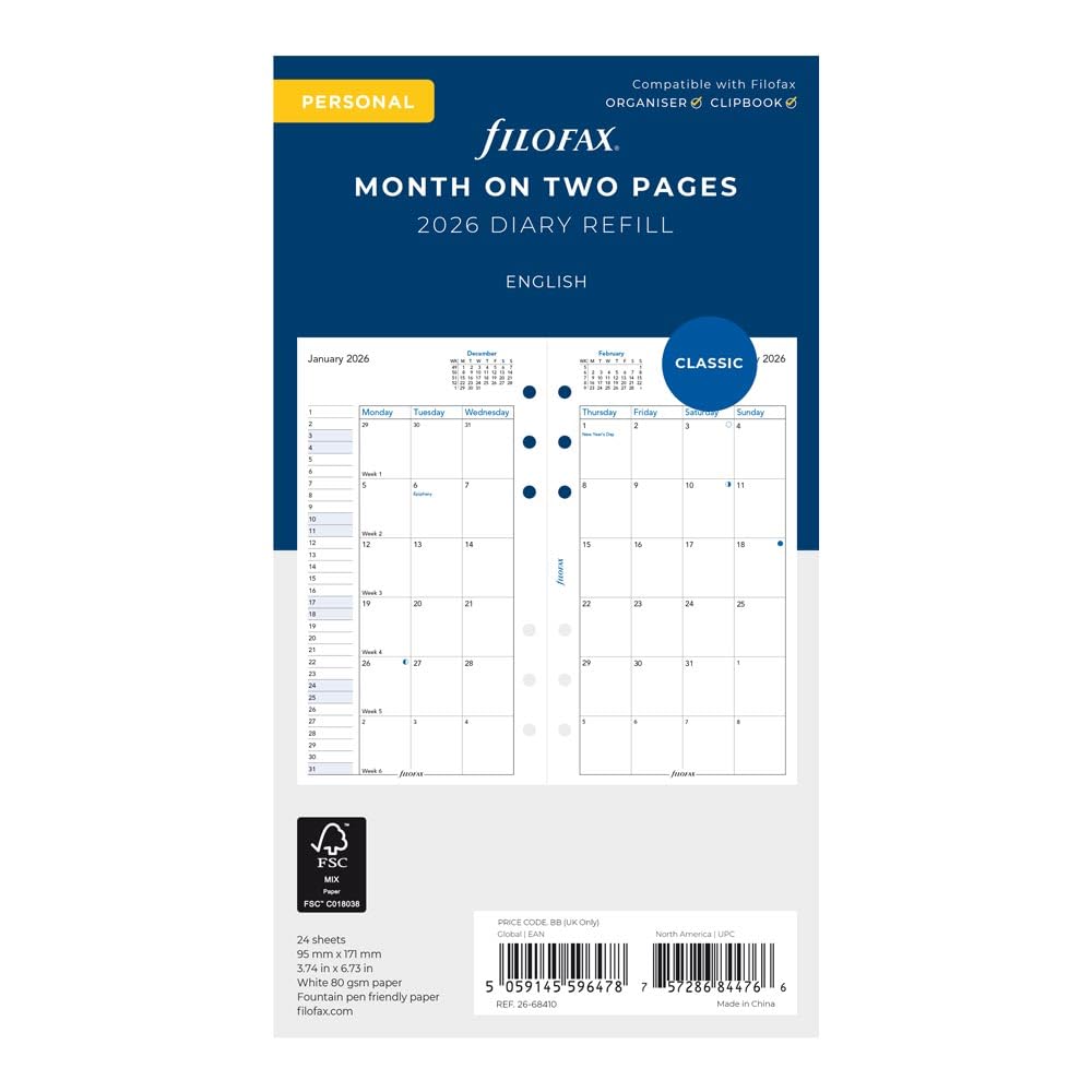 Filofax Kalender-Tagebuch-Nachfüllpackung, persönliche/kompakte Größe, Monatsansicht, weißes Papier, Englisch, 2026 (C68410-26)