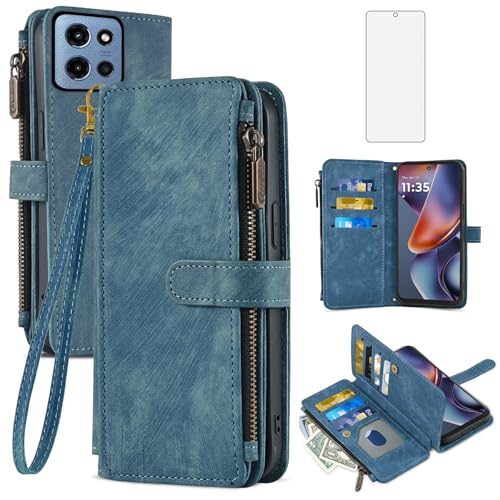 Protection Motorola Moto G 5G 2025 portefeuille bleu et verre trempé