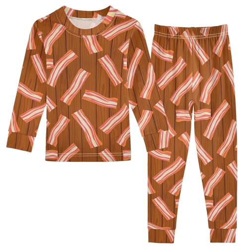 Pajama Sets Long Sleeve Bacon Strips Wood Background Soft Comfy Sleepwear 2 Piece PJS 3-8T