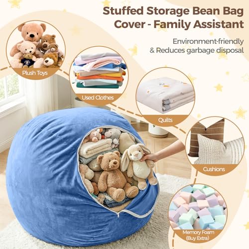 Image of Stuffed Animal Storage Bean Bag Chair Cover for Kids (No Filler), Soft Comfy Velvet Beanbag Chair Cover Machine Washable, Kids Bean Bag Chair with Handle for Living Room Bedroom Dorm,Dark Blue
