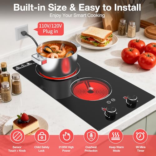 Image of Electric Cooktop 2 Burner, GTKZW 2100W Electric Stove 110v-120v Hot Plate, Knob Control Countertop & Built-in Ceramic Cooktop 9 Power Levels, Child Lock, Timer, Suitable for all Pans
