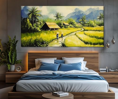 Décoration murale : peinture abstraite de rizières du Vietnam 50x100