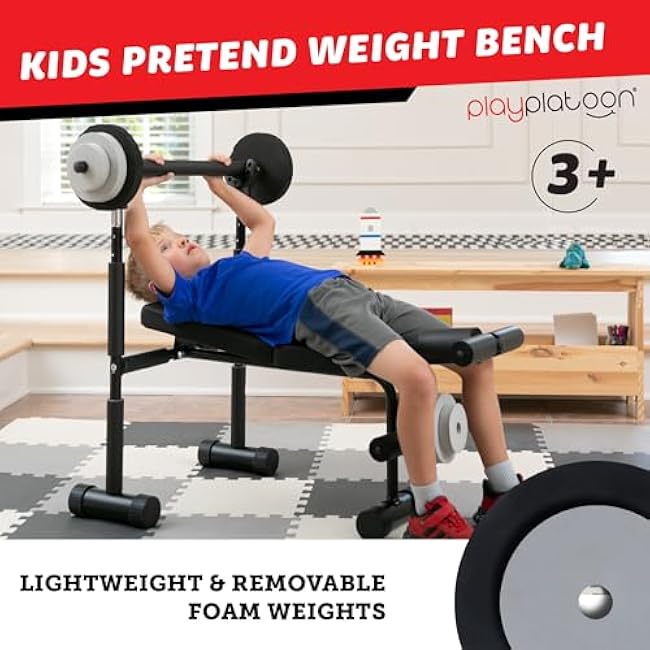 Play Platoon Kids Weight Bench Set - Kids Gym Equipment for Home - Bench Press Weight Sets for Boys - Toddler Gym Set Workout and Exercise Equipment - Ages 3+