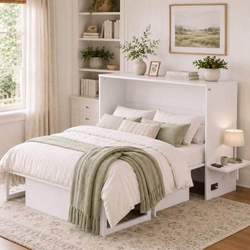 Image of Softa Queen Murphy Bed Cabinet with Storage Drawer & Charging Station, 1200 LBS Capacity Wood Wall Bed with Fold-Down Desk for Guest Room & Home Office, No Box Spring Needed